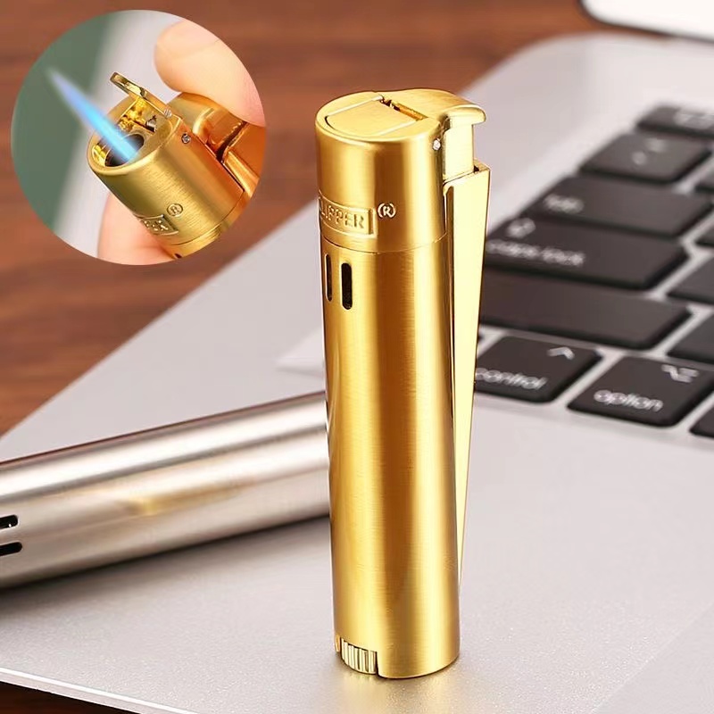 Men Accessories Gadgets - 男性用の黄色い金属製ガスライター,防風,青い炎,ダストキャップ,ギフトボックス,喫煙アクセサリー,ガジェット