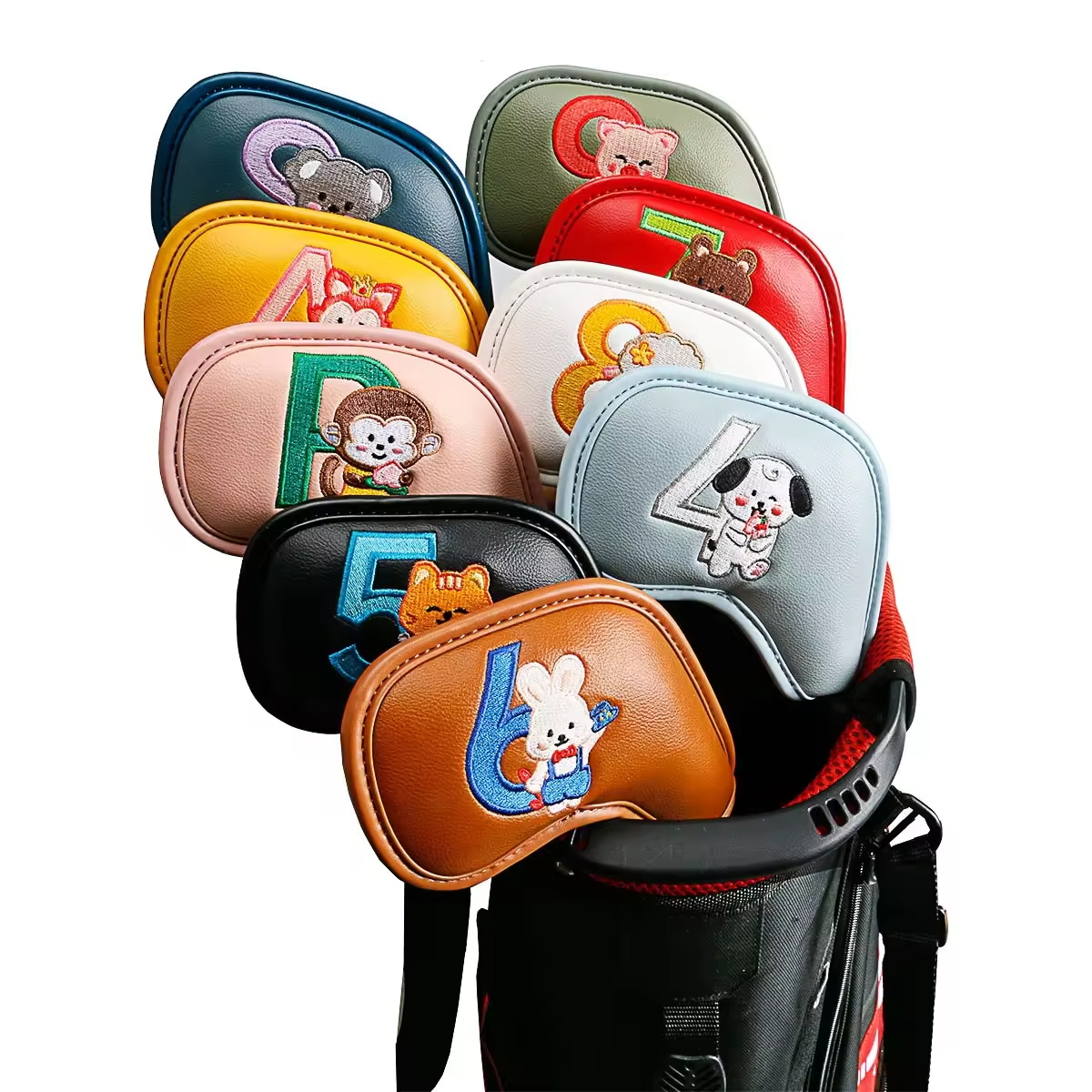 Men Accessories Gift - 9個入りのかわいい漫画風動物ゴルフアイアンヘッドカバー、PUレザー刺繍クラブプロテクター、男性女性ゴルファーへのゴルフアクセサリーギフト